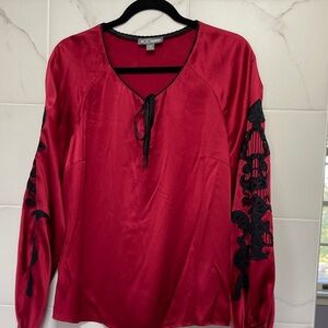 Chic Red Blouse with Black Lace by GO SILK